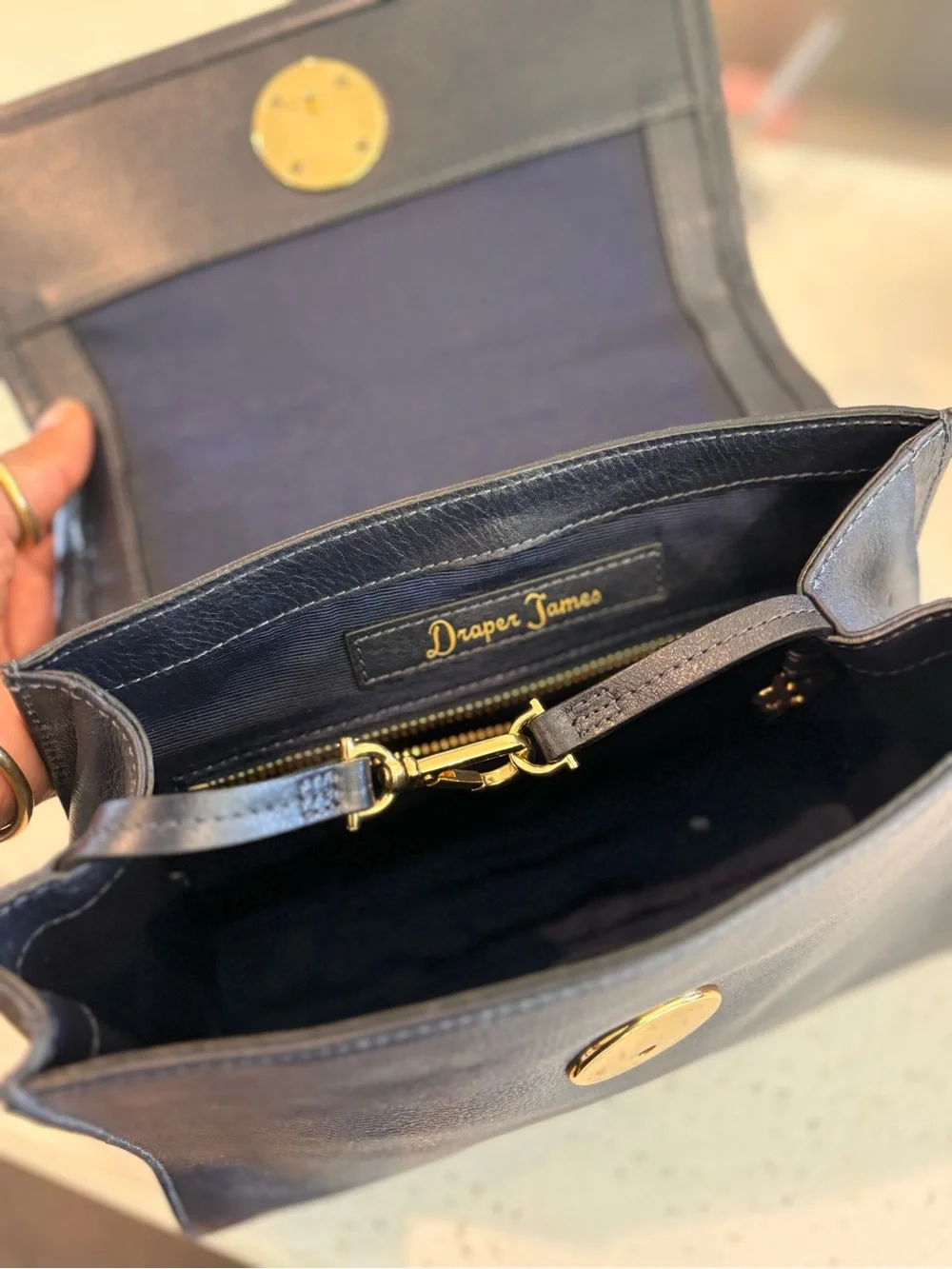 Draper James Dark Blue Croc-Embossed Top Handle Bag with Gold Hardware